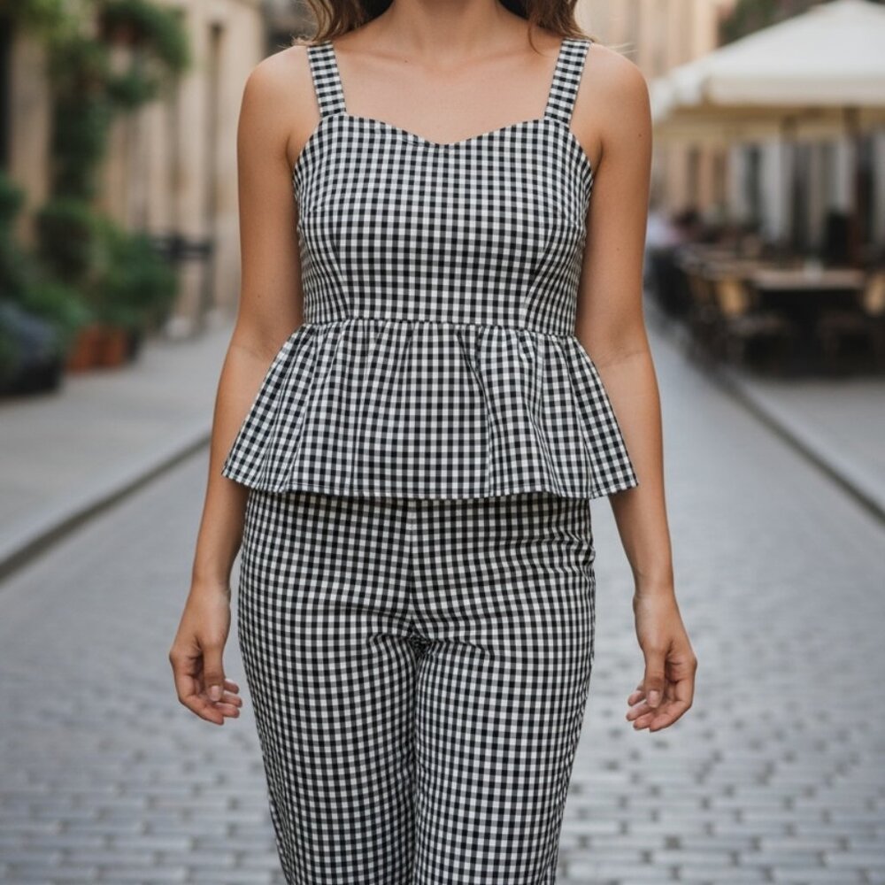 607 WOMENS LARGE 2 PIECE CHECKERED PANT SET BY KATE & MALLORY